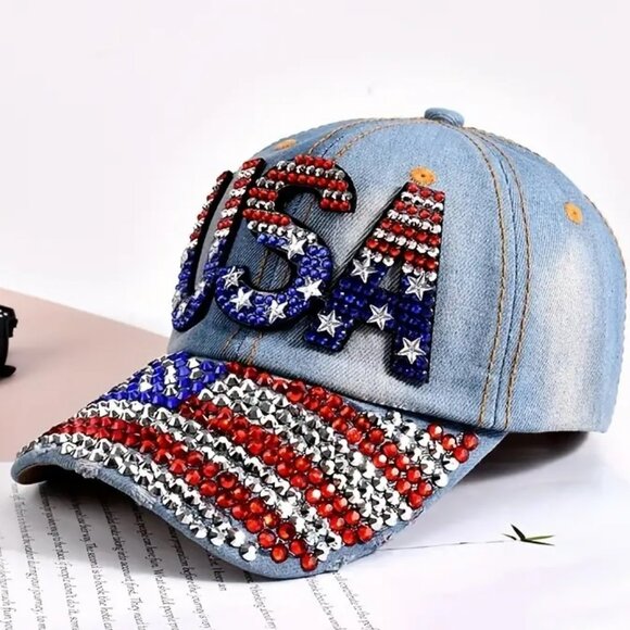 USA Rinestone Denim Ladies or Teens Hat / Cap Beautiful Designed Patrotic "NEW" - Picture 2 of 5